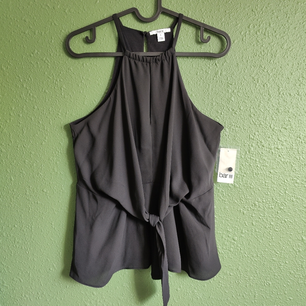 NWT BAR III WOMEN'S TIE-FRONT KEYHOLE HALTER TOP IN DEEP BLACK SIZE SMALL